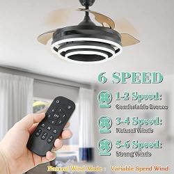 42 Inch Retractable Ceiling Fan, Geometric Circled Hanging Light Fan with Silent Motor, Retractable Blades, 6 Speed, 3 Color Change, Timer, Black Chandelier Fan Ceiling Light for Bedroom