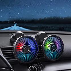 Car Cooling Fan, 12V/24V 360° Adjustable Dual Head Cooling Air Fan Brushless Motor Low Noise Automobile Vehicle Fan Micro for Car/SUV/RV/Truck/Boat Use (With Coloured Light)