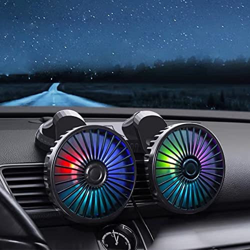 Car Cooling Fan, 12V/24V 360° Adjustable Dual Head Cooling Air Fan Brushless Motor Low Noise Automobile Vehicle Fan Micro for Car/SUV/RV/Truck/Boat Use (With Coloured Light)