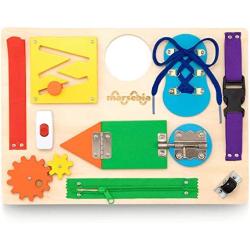 marsebia Montessori Busy Board for Toddlers - Activity Board for Fine Motor Skills, 3 Years Travel Toy with Basic Life Skills Activities - Wooden Sensory Toy for Boys & Girls, Multiple Colors