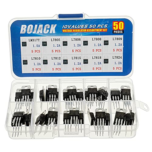 Kit d'assortiment de régulateurs de tension positifs haute puissance : LM317, L7805, L7806, L7808, L7809, L7810, L7812, L7815, L7818, L7824 – BoJack 10 Valeurs – 50 Pièces – Boîtier TO-220 Kit d'assortiment de régulateurs de tension positifs haute puissance : LM317, L7805, L7806, L7808, L7809, L7810, L7812, L7815, L7818, L7824 – BoJack 10 Valeurs – 50 Pièces – Boîtier TO-220