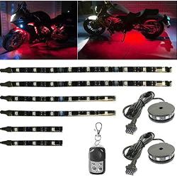 NBWDY 6Pcs Motorcycle LED Light Kit Strips with 2Pcs Motorcycle Weel Light 12V Waterproof Wireless RF Remote LED Underglow Atmosphere Lighting(Red Solid Color)