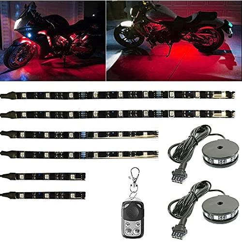 NBWDY 6Pcs Motorcycle LED Light Kit Strips with 2Pcs Motorcycle Weel Light 12V Waterproof Wireless RF Remote LED Underglow Atmosphere Lighting(Red Solid Color)