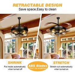 LEDMO Industrial Retractable Ceiling Fans with Lights 5 LED Bulbs 4 Mode Timing with Remote Controller 42inch Vintage Ceiling Fans 2 Down Rods for Kitchen Bedroom Living/Dinning Room