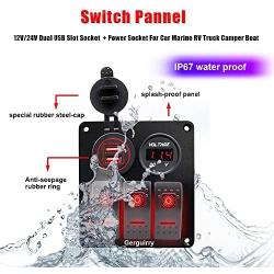 Gerguirry 3 Gang Marine Rocker Switch Panel 12V/24V Dual USB Charger & Voltmeter/Power Socket Toggle Switch Panel Waterproof for Car Marine RV Truck Boat