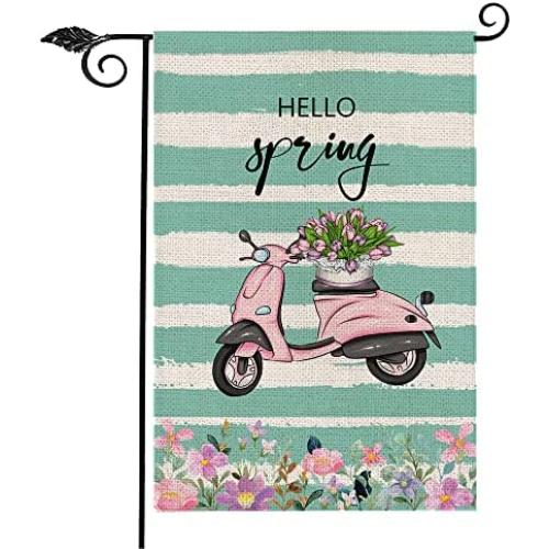 Hello,Spring Garden Flag Flower Motorcycle Garden Flag Vertical Double-Sided, Spring Tulip Holiday Courtyard Outdoor Decoration 12.5x18 Inches