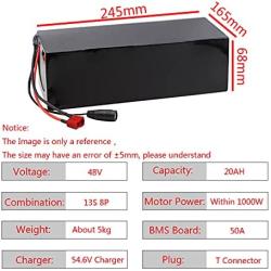 Wnicek 48V 20Ah Ebike Battery 48V 20000mAh Electric Bike Lithium-ion Battery Pack 48 Volt 13S 8P PVC E-Bike Battery for 500W/ 750W/ 1000W Motor with 50A BMS and Charger