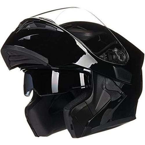 ILM Motorcycle Dual Visor Flip up Modular Full Face Helmet DOT 6 Colors Model 902 (M, Gloss Black)
