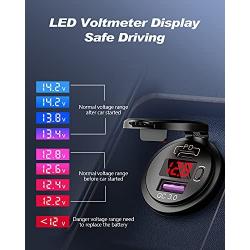 USB C Car Charger Socket, 48W Dual PD USB C Quick Charge 3.0 USB Car Power Outlet 12V/24V Car Socket with LED Voltmeter and ON/Off Switch for Car, Marine, Boat, Motorcycle, Truck, RV