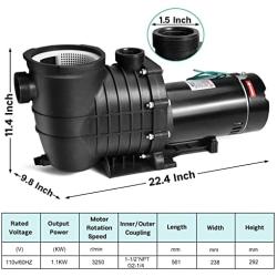 Oswerpon 1.5 HP High Pressure Self Primming Pool Pump Dual Voltage Inground/Above Ground Swimming Pool Pump with Strainer Basket and Drain Plug 1100W 60HZ Silent Operation.