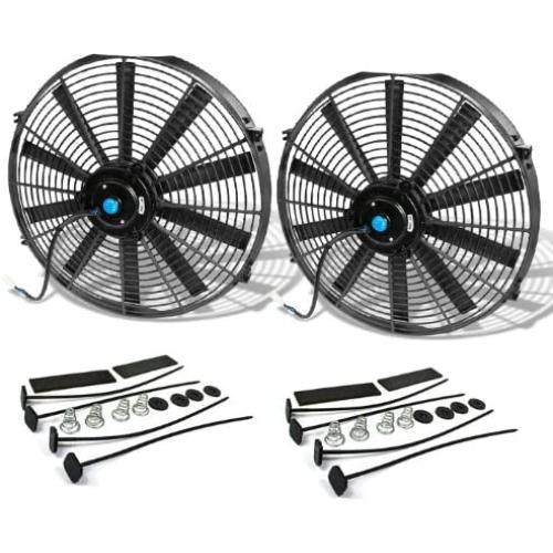 (Pack of 2) 16 Inch High Performance 12V Electric Slim Radiator Cooling Fan w/Mounting Kit - Black