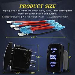 Winch in/Out Momentary Rocker Switch Laser On/Off LED Light 20A/12V, 10A/24V 7Pin Switch With Jumper Wires Set for for Auto Automotive Motorcycle Truck Boat Marine Off-Road ATV Replace Kit (Blue)