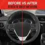 Motor Trend GripDrive Faux Black Leather Steering Wheel Cover for Car Truck Van SUV, Small 14 inch Size, Gray Accent Stitched Car Steering Wheel Cover