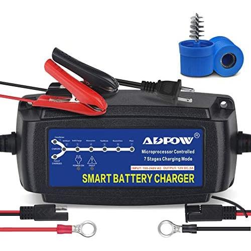 ADPOW 5A 12V Automatic Smart Battery Charger Automotive Maintainer 7-Stages Trickle Charger for Deep Cycle Battery Car Marine Trolling Motor Boat Truck Lawn Mower RV AGM with Terminal Cleaning Brush