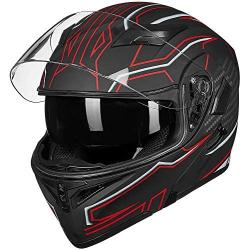 ILM Motorcycle Dual Visor Flip up Modular Full Face Helmet DOT LED Light Model 902Ls (S, Black RED - LED)