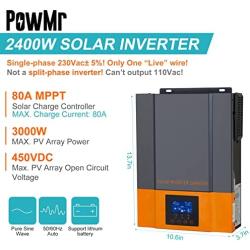 PowMr 2400W Solar Inverter 24V to 230V, Off Grid Pure Sine Wave Power Inverter Bulit in 80A MPPT Charger, Max PV 3000W 450V Input, fit for 24V Lead-Acid/Lithium Battery