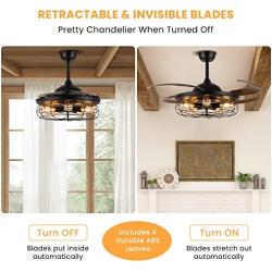 Siljoy 48 Industrial Ceiling Fan with Lights, Black Fandelier Retractable Ceiling Fan with Remote, Vintage Caged Chandelier Fan Light Fixture for Living Dining Room Bedroom, 5 x E26 Not Included