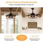 Siljoy 48 Industrial Ceiling Fan with Lights, Black Fandelier Retractable Ceiling Fan with Remote, Vintage Caged Chandelier Fan Light Fixture for Living Dining Room Bedroom, 5 x E26 Not Included