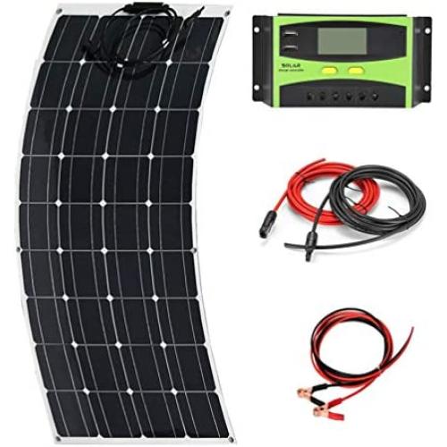 AUECOOR 100W 18V 12V Solar Panel System kit + 20A LCD Solar Controller + 5M Solar Cable +Battery Cable for 12V DC Supply RV Car Tent Yacht Battery Charging