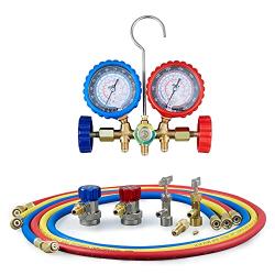 Orion Motor Tech AC Gauge Set with Self Sealing & Puncturing R134A Can Tap, AC Gauges for R134a R12 R22 R502 Refrigerant, Car AC Gauge Set with 5FT Hoses Adapter Adjustable Couplers, Freon Charge Kit