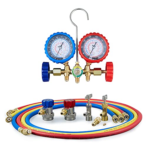 Orion Motor Tech AC Gauge Set with Self Sealing & Puncturing R134A Can Tap, AC Gauges for R134a R12 R22 R502 Refrigerant, Car AC Gauge Set with 5FT Hoses Adapter Adjustable Couplers, Freon Charge Kit
