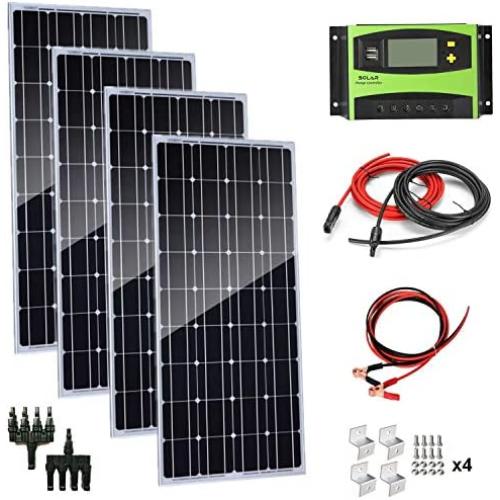 AUECOOR 400 Watt 18 Volt 12 Volt Solar Panel Monocrystalline Solar Bundle Kit, Solar Charging System with 40A LCD Solar Controller for RV， Boat，Motorhome，Marine Off Grid System 12V Battery