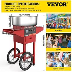 VBENLEM 19.7 Inch Cotton Candy Machine with Cart Commercial Floss Maker Perfect for Family and Various Party, Red
