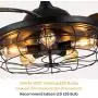 Siljoy 48 Industrial Ceiling Fan with Lights, Black Fandelier Retractable Ceiling Fan with Remote, Vintage Caged Chandelier Fan Light Fixture for Living Dining Room Bedroom, 5 x E26 Not Included