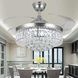 Crystal Ceiling Fans with Lights,42 Inch LED 3 Color Remote Control Retractable Invisible Blades 3 Speeds Indoor Ceiling Light Kits with Fans for Decorate Living Room Bedroom