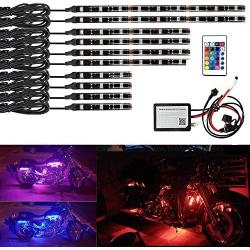 NBWDY 10Pcs RGB Motorcycle LED Light Kit Waterproof Multi-Color LED Underglow Atmosphere Lights with IR Remote Music APP Controller for Motorcycles ATVs UTVs Trikes Golf Carts Scooter