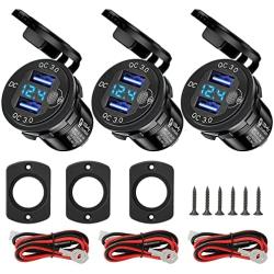 3PCS Quick Charge 3.0 Dual USB Socket, 12V/24V USB Outlet with LED Voltmeter & ON/Off Switch Waterproof Fast Charge USB Charger Socket with Voltmeter for Car Boat Marine Truck Golf RV Motorcycle