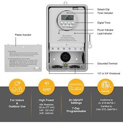 Suraielec Pool Timer, 7-Day 24-Hour Digital Pool Pump Timer Switch, 40 AMP, 2HP, 120 to 277 VAC, Outdoor Indoor Heavy Duty Pool Controller Timer Box for Pool Pump, Water Heater, Powerful Appliances