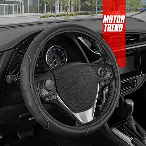 Motor Trend GripDrive Faux Black Leather Steering Wheel Cover for Car Truck Van SUV, Small 14 inch Size, Gray Accent Stitched Car Steering Wheel Cover