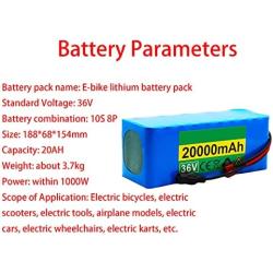 Jieoto 36V 20000mAh Rechargeable Lithium Battery 10S 8P 20Ah E-Bike Lithium-ion Battery Electric Scooters Battery Pack Fit for 200W 250W 350W 500W 750W Motor with Charger+ BMS