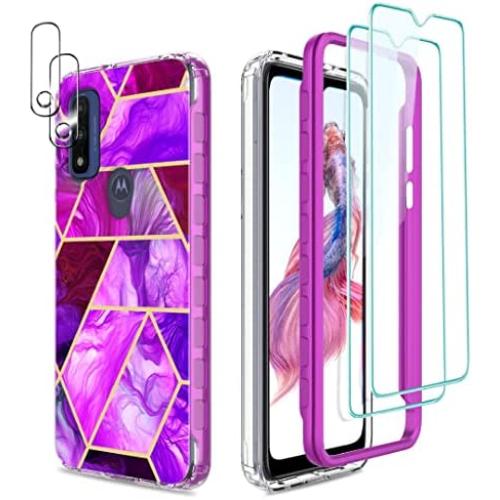 for Moto G Pure 2021 Case, Jeylly Moto G Pure Case with Screen Protector, Military Heavy Duty Drop Proof Protection Marble Pattern Soft TPU Defender Bumper Case Cover for Moto G Pure, Violet Purple