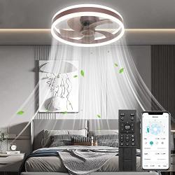 WERBUY 16 Ceiling Fans with Lights and Remote APP Control, Low Profile Flush Mount Small Ceiling Fan for Bedroom TV Room with 6 Speeds/Quiet Reversible DC Motor/Smart Timing -5 Brown Wood Blades