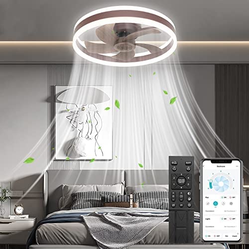 WERBUY 16 Ceiling Fans with Lights and Remote APP Control, Low Profile Flush Mount Small Ceiling Fan for Bedroom TV Room with 6 Speeds/Quiet Reversible DC Motor/Smart Timing -5 Brown Wood Blades