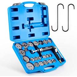 Brake Caliper Compression Tool, Pneumatic Brake Caliper Tool with 2 Caliper Hangers, 25pc Brake Caliper Wind Back Tool Professional Brake Tool Set Fits American, European, Japanese Autos