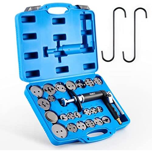 Brake Caliper Compression Tool, Pneumatic Brake Caliper Tool with 2 Caliper Hangers, 25pc Brake Caliper Wind Back Tool Professional Brake Tool Set Fits American, European, Japanese Autos