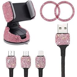 Bling Phone Car Holder with Air Vent Clip Shiny Engine Button Deco 3 In1 Charging Cable Rhinestone Car Accessories for Women