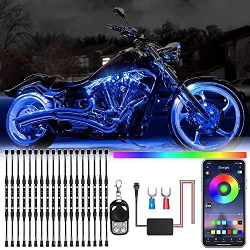 SHINIGHT 18 Pcs Motorcycle LED Light Kits, App Control Multicolor Waterproof Motorcycle LED Strip Lights with RF Remote, Music Sync & Multiple Scene Modes RGB LED Lights for Motorcycles