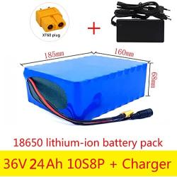 Wnicek 36V 24Ah E-Bike Battery Pack 10S 8P Waterproof PVC Lithium-ion Battery for 750W 500W 350W 250W 200W Electric Bicycles Motors with BMS + Charger
