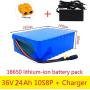 Wnicek 36V 24Ah E-Bike Battery Pack 10S 8P Waterproof PVC Lithium-ion Battery for 750W 500W 350W 250W 200W Electric Bicycles Motors with BMS + Charger