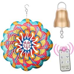 ABXKZ Wind Spinners Sun Face, 3D Metal Outdoor Hanging Art, 1200mAh Battery Operated Gold Disco Ball Motor Wind Spinner, Bundle 2 Pieces of Wind Spinners and Mobile Motor