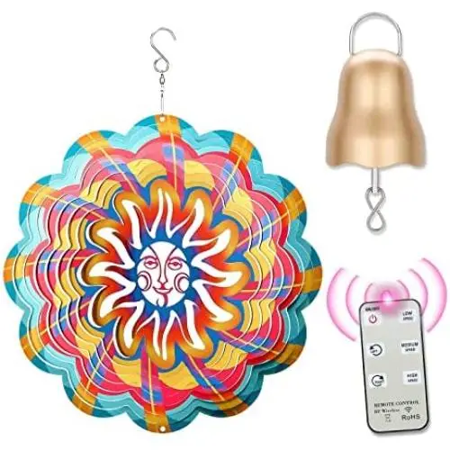 ABXKZ Wind Spinners Sun Face, 3D Metal Outdoor Hanging Art, 1200mAh Battery Operated Gold Disco Ball Motor Wind Spinner, Bundle 2 Pieces of Wind Spinners and Mobile Motor