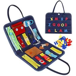 YENJO Toddler Busy Board, Montessori Early Education Activity Toddler Toys for Develops Basic and Fine Motor Skills Learn to Dress and Alphabet Spell Cognition for Airplane or Car Travel