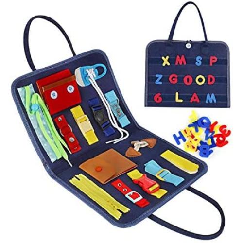 YENJO Toddler Busy Board, Montessori Early Education Activity Toddler Toys for Develops Basic and Fine Motor Skills Learn to Dress and Alphabet Spell Cognition for Airplane or Car Travel