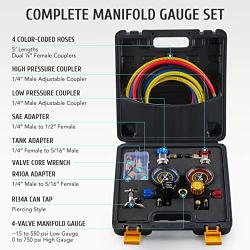Orion Motor Tech 4 Way AC Gauge Set, AC Manifold Gauge Set for R410a R22 R134a Refrigerant, 4 Valve Automotive AC Gauges with 5ft Hoses, R410a Adapters, Can Tap