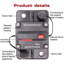 Jeemiter 60 Amp Circuit Breaker with Manual Reset Wire Lugs Copper Washer and Screws for Car Marine Trolling Motors Boat ATV Manual Power Protect for Audio System Fuse, 12V-48VDC