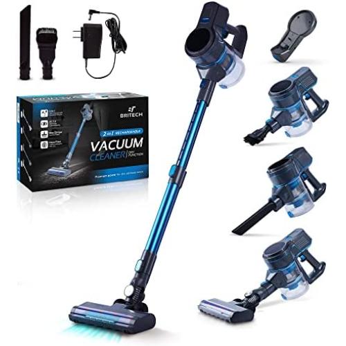 Britech Cordless Lightweight Stick Vacuum Cleaner, 250W Motor for Powerful Suction 30min Runtime, LED Display Screen & Headlights, Great for Carpet Cleaner, Hardwood Floor & Pet Hair (Blue)